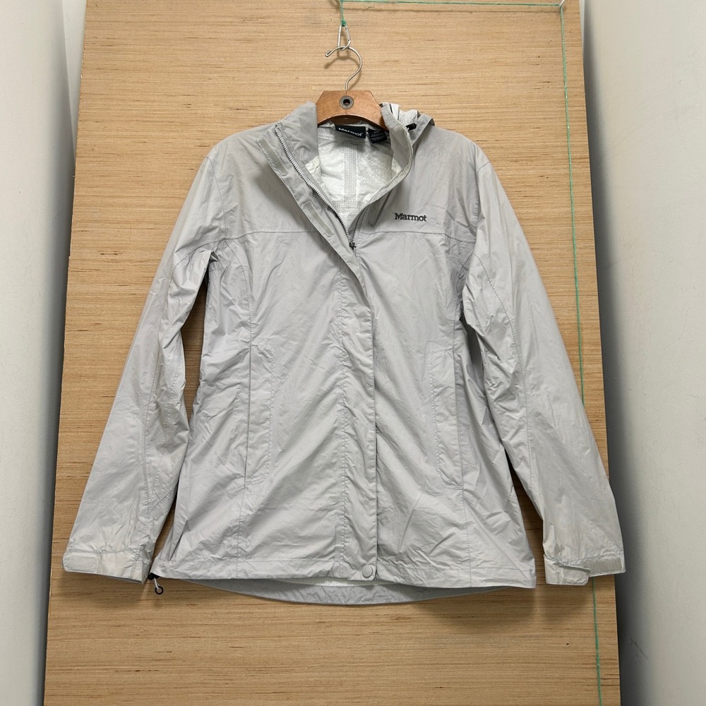 Marmot Womens PreCip Rain Jacket Light Gray Hooded Waterproof Shell Size Medium